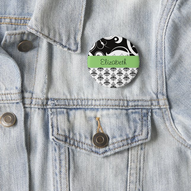 Damask Pattern, Black and White Damask, Your Name 2 Inch Round Button (In Situ)