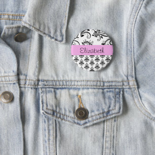 Damask Pattern, Black and White Damask, Your Name 2 Inch Round Button