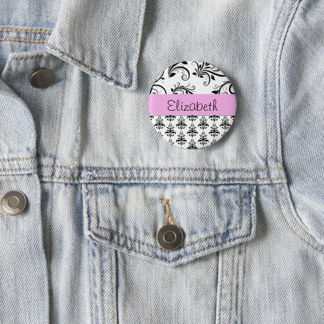 Damask Pattern, Black and White Damask, Your Name 2 Inch Round Button (In Situ)