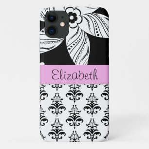 Damask Pattern, Black and White Damask, Your Name iPhone 11 Case