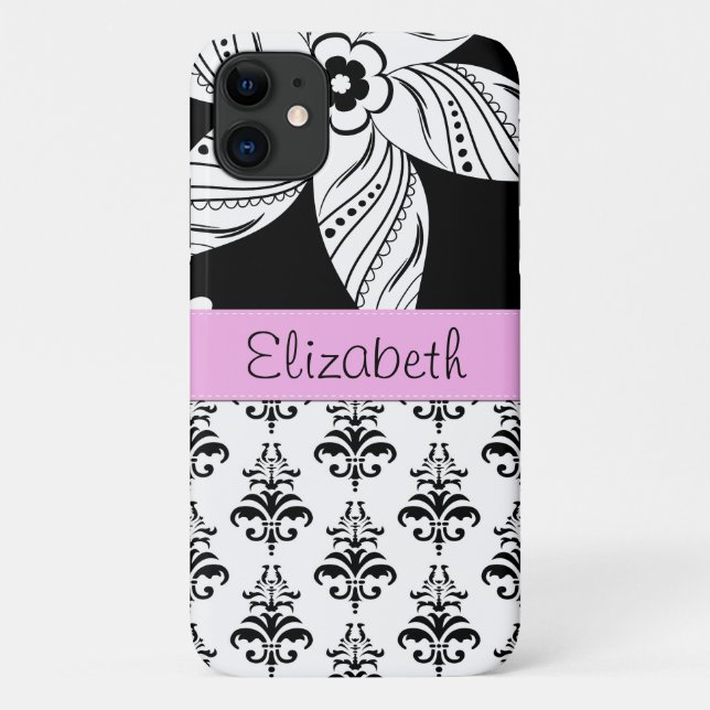Damask Pattern, Black and White Damask, Your Name Case-Mate iPhone Case (Back)