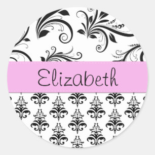 Damask Pattern, Black and White Damask, Your Name Classic Round Sticker