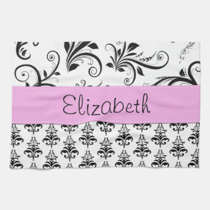 Damask Pattern, Black and White Damask, Your Name Kitchen Towel