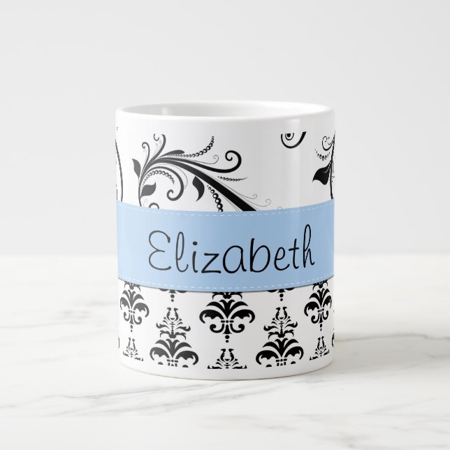 Damask Pattern, Black and White Damask, Your Name Large Coffee Mug (Front)