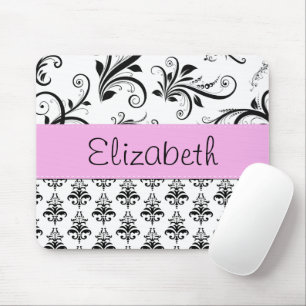 Damask Pattern, Black and White Damask, Your Name Mouse Pad