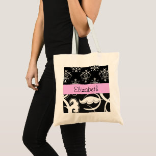 Damask Pattern, Black and White Damask, Your Name Tote Bag