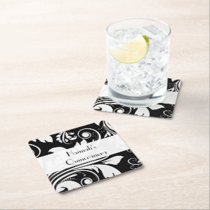 Damask Pattern, Black and White, Quinceanera Square Paper Coaster