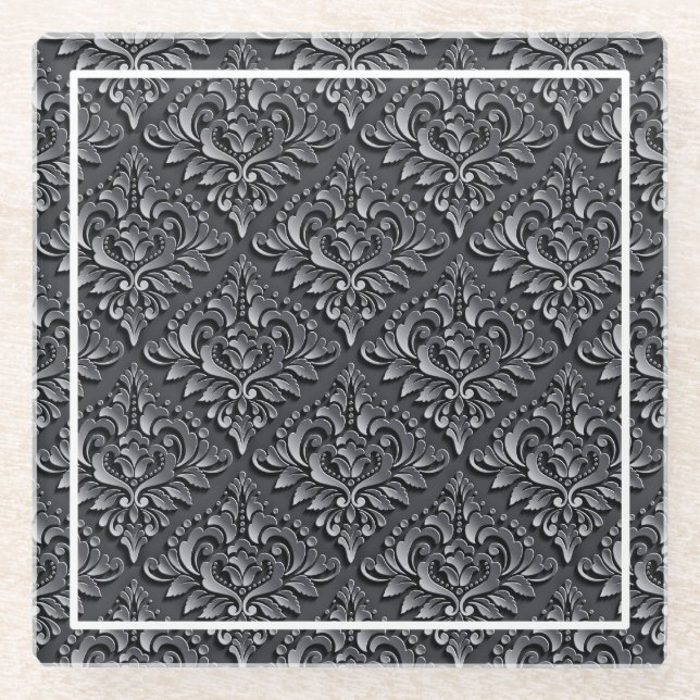 Damask Pattern Black Background-23961 Glass Coaster (Front)