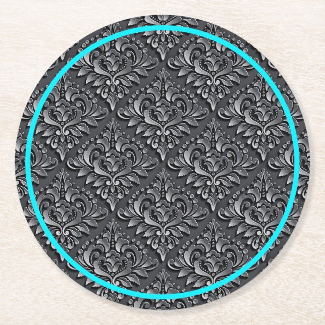 Damask Pattern Black Background-23961 Round Paper Coaster (Front)