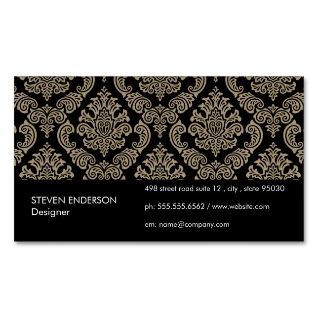 Damask Pattern Black Background Magnetic Business Card (Front)