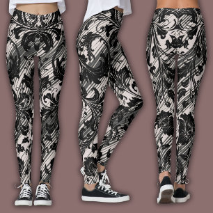 Damask Pattern Black & Natural Beige Leggings