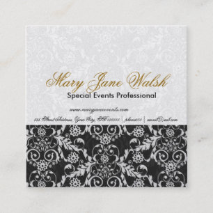 Damask Pattern  Black White Lace Event Planner Square Business Card