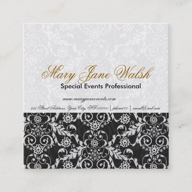 Damask Pattern  Black White Lace Event Planner Square Business Card (Front)