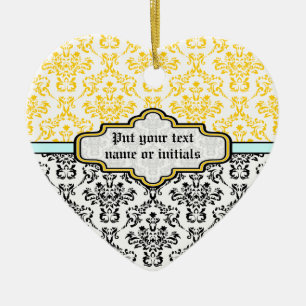 Damask pattern black white yellow aqua ornament