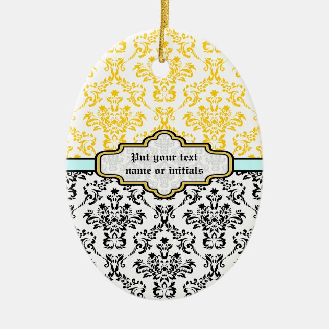 Damask pattern black white yellow aqua ornament (Front)