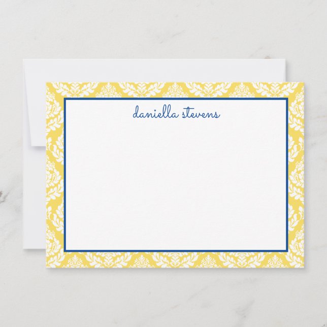 Damask Pattern Blue and Yellow Personalized Flat Card (Front)