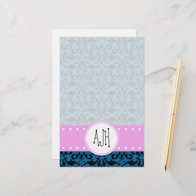 Damask Pattern, Blue Damask, Monogram Stationery (Front/Back In Situ)