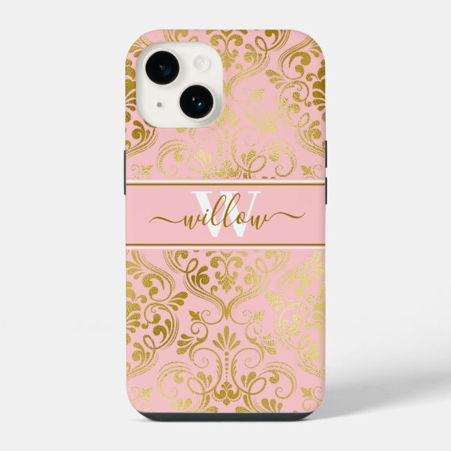 Damask Pattern Blush Pink Gold Name Monogram iPhone Case (Back)