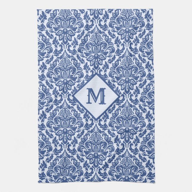 Damask Pattern custom monogram kitchen towel (Vertical)