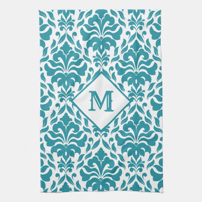 Damask Pattern custom monogram kitchen towel (Vertical)