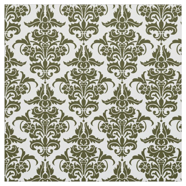 Damask Pattern - Dark Olive on White Fabric (Swatch)