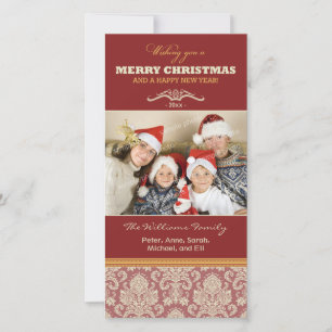 Damask Pattern Family Holiday Photocard (red) Card