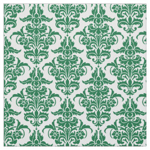 Damask Pattern - Forest Green on White Fabric