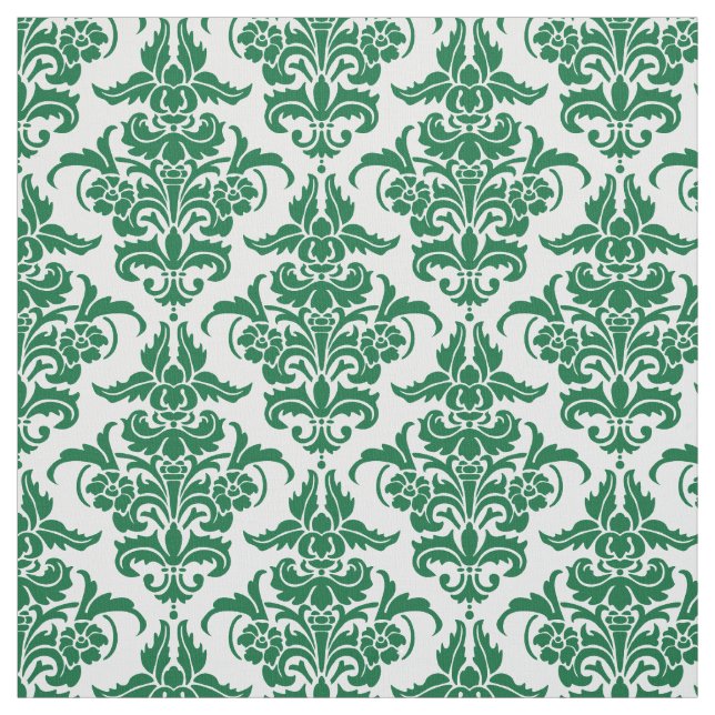 Damask Pattern - Forest Green on White Fabric (Swatch)