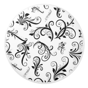 Damask Pattern, French Damask, Black and White Ceramic Knob