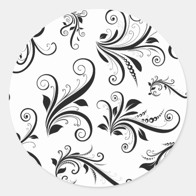 Damask Pattern, French Damask, Black and White Classic Round Sticker (Front)