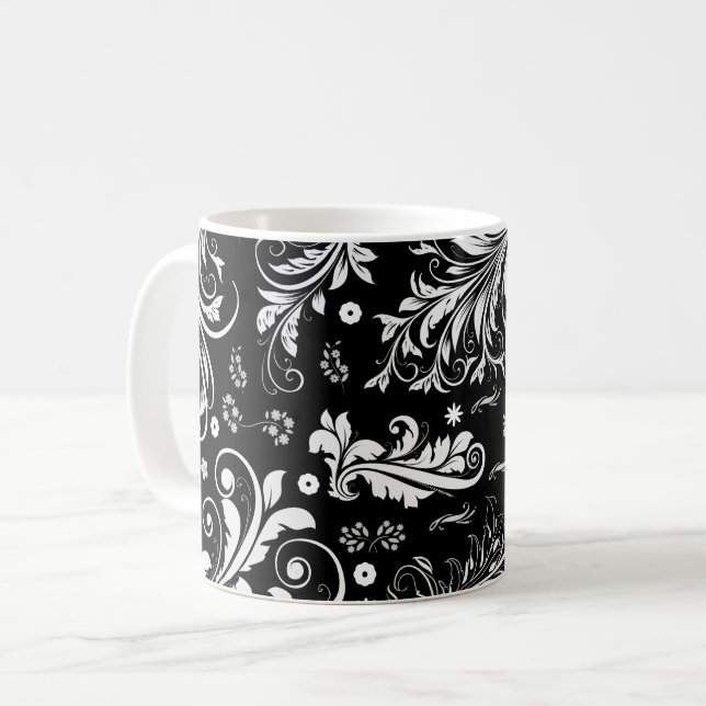 Damask Pattern, French Damask, Black and White Coffee Mug (Front Left)