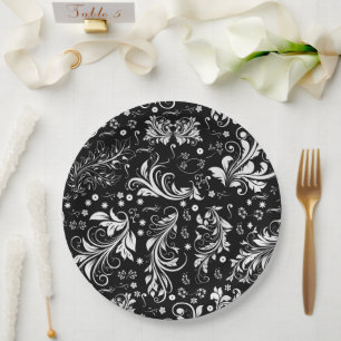Damask Pattern, French Damask, Black and White Paper Plate