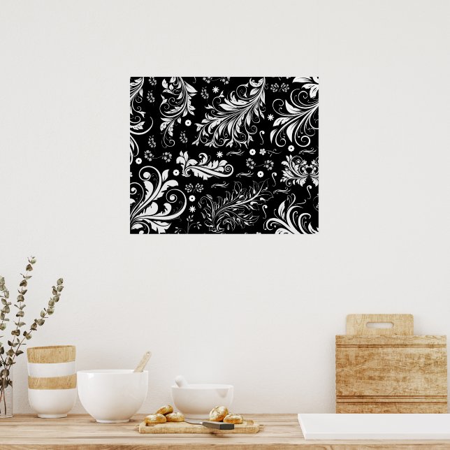 Damask Pattern, French Damask, Black and White Poster (Kitchen)
