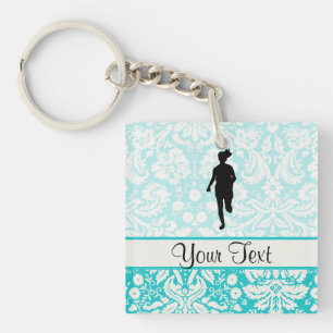 Damask Pattern; Girl Running Keychain