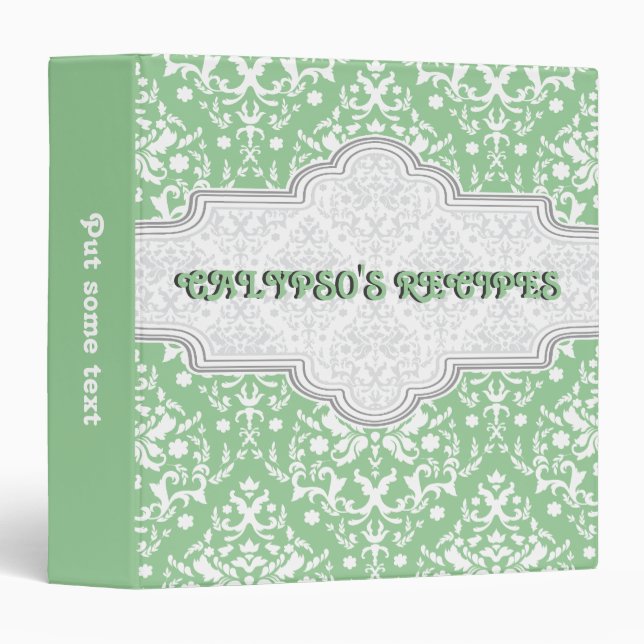 Damask pattern green, white & grey frame recipe binder (Front/Spine)