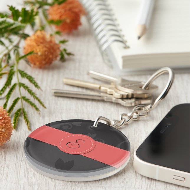 Damask Pattern, Grey Damask, Monogram Keychain (Front Right)