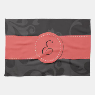 Damask Pattern, Grey Damask, Monogram Kitchen Towel