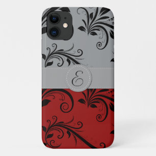 Damask Pattern, Grey Damask, Red Damask, Monogram iPhone 11 Case