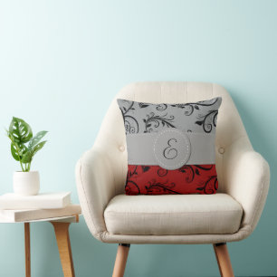 Damask Pattern, Grey Damask, Red Damask, Monogram Throw Pillow