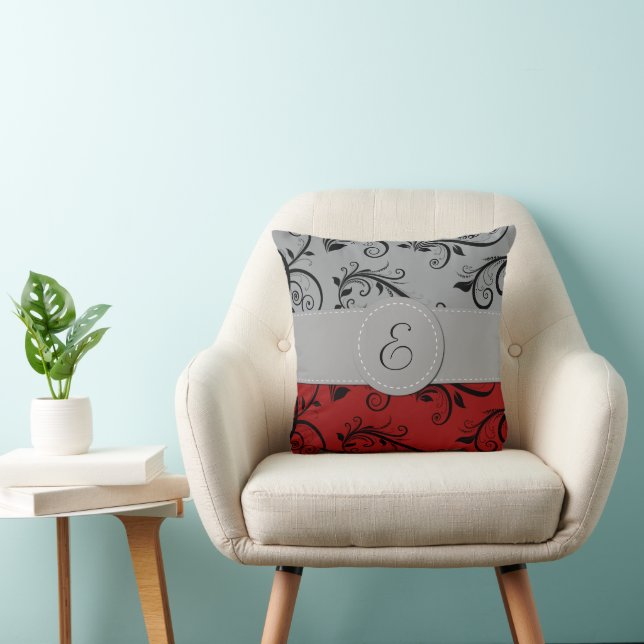 Damask Pattern, Grey Damask, Red Damask, Monogram Throw Pillow (Chair)