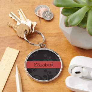 Damask Pattern, Grey Damask, Your Name Keychain