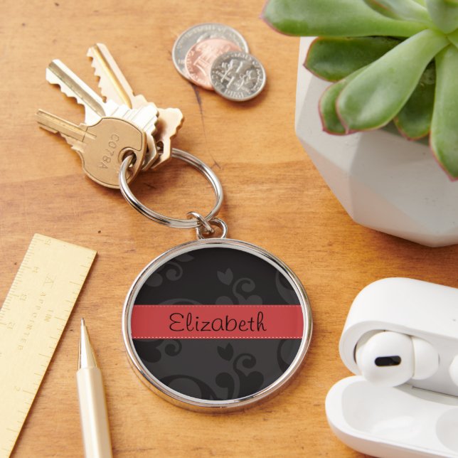 Damask Pattern, Grey Damask, Your Name Keychain (Desk)