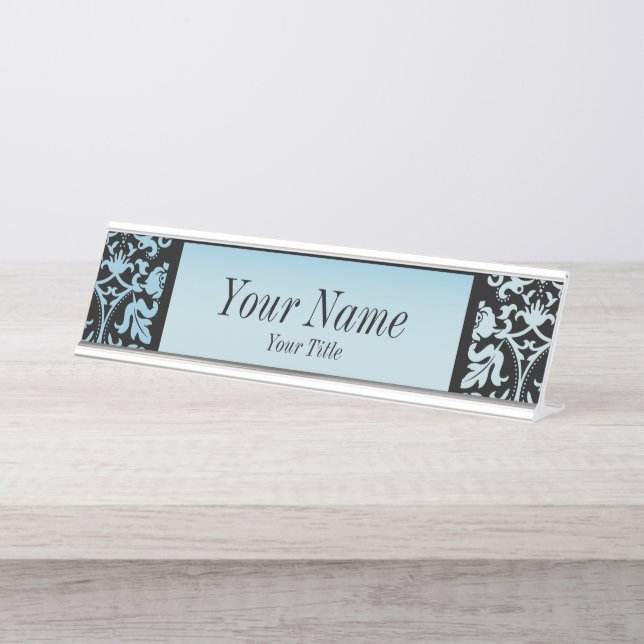 Damask Pattern in Aqua Blue and Black | DIY Text Desk Name Plate (Front)