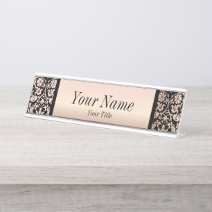Damask Pattern in Pink Rose and Black   DIY Text Desk Name Plate