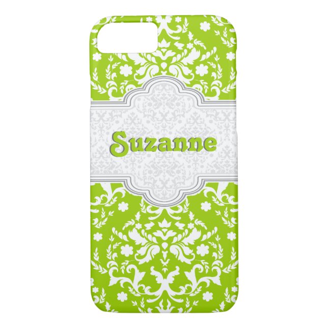 Damask pattern lime green, white cute girly Case-Mate iPhone case (Back)