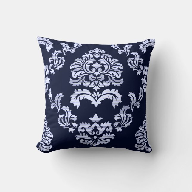 Damask Pattern Navy Blue and Light Blue Stripe Throw Pillow (Front)