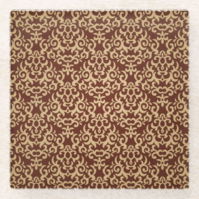 Damask pattern on gradient background glass coaster (Front)