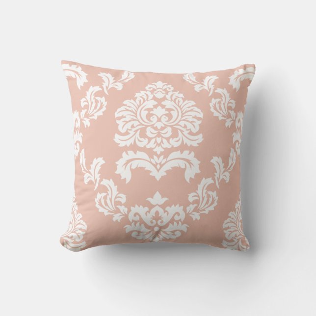 Damask Pattern Peach and White Throw Pillow (Front)