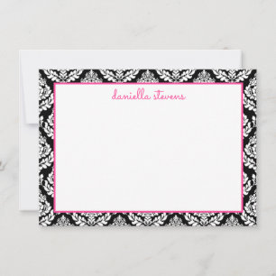 Damask Pattern Pink and Black Personalized Flat Card