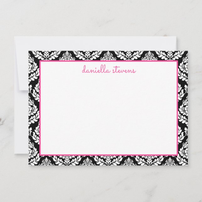 Damask Pattern Pink and Black Personalized Flat Card (Front)